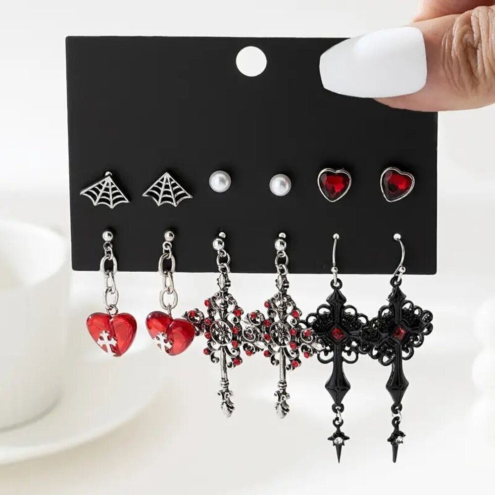 NEW 6 Pairs Gothic Earrings Set, Goth Spider Web Red Accents Punk Jewelry, Cross